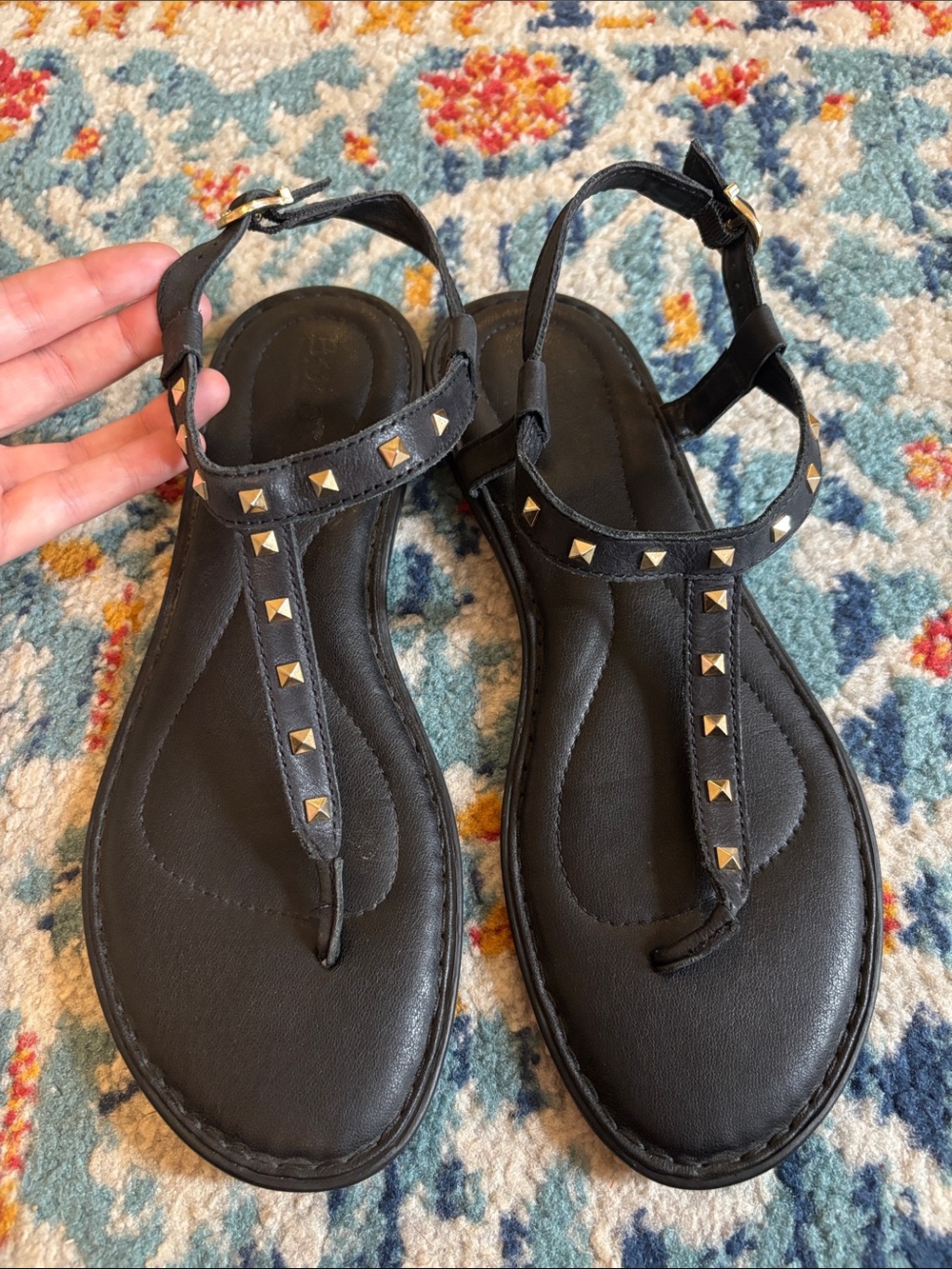 Born Black Studded T-Strap Women's Sandals